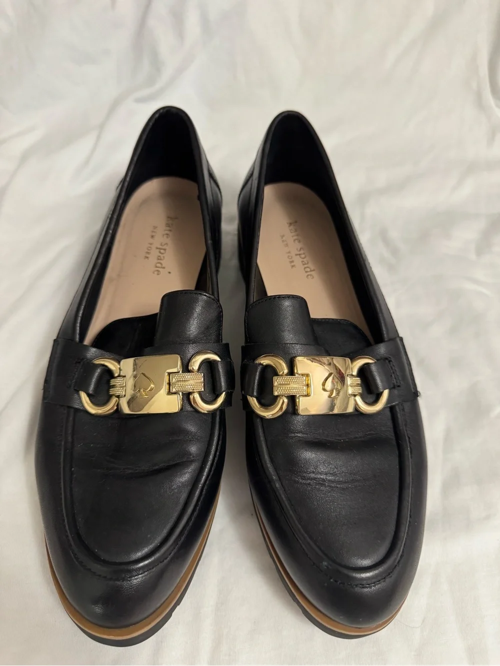kate spade Black Leather Loafers with Gold Chain Hardware